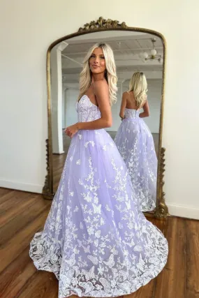 Amazing Long Lilac A-line Sweetheart Strapless Prom Dress With Lace,DP374