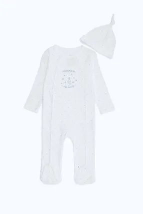 Babies White Embroidered Sleepsuit With Beanie (2 Piece)