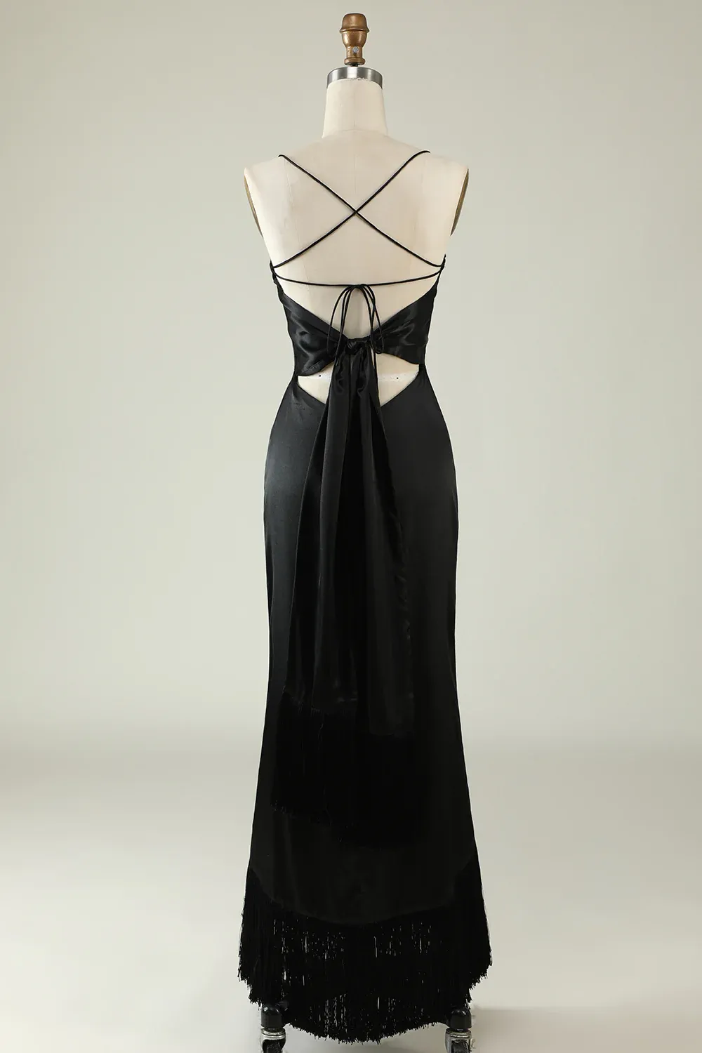 Black Spaghetti Straps Satin Long Prom Dress with Fringes,DP1535