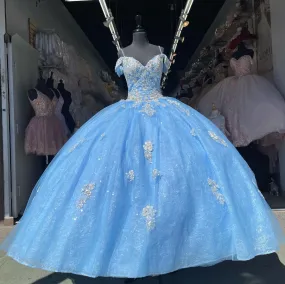 Blue Off Shoulder Tulle Appliques Quinceanera Dress Sweet 16 Ball Gown, DP2678