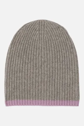 Cashmere Long Ribbed Beanie with Contrast Trim - Light Heather Grey W. Lavander