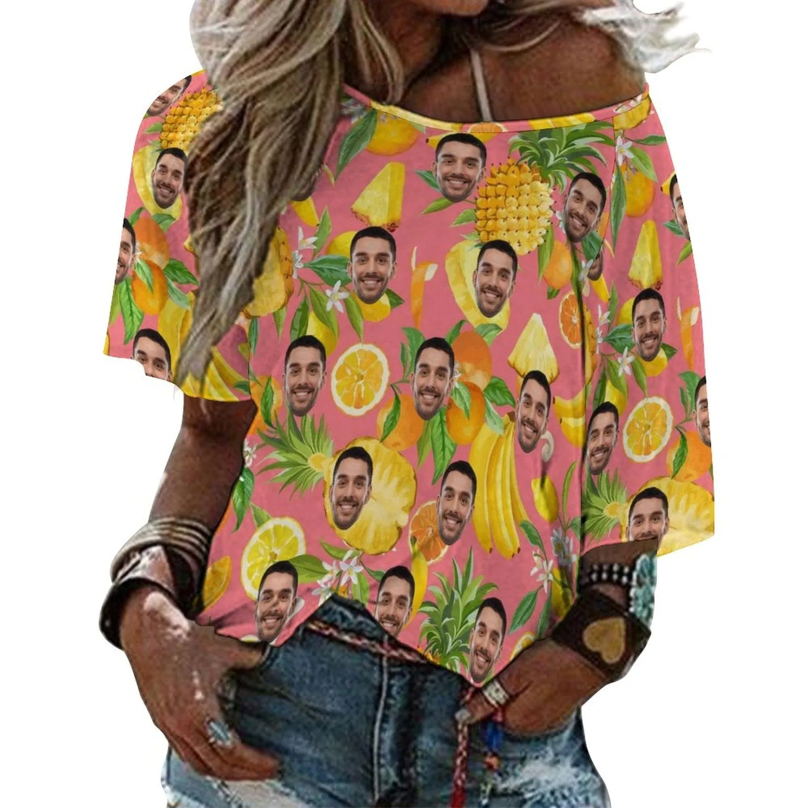 Custom Boyfriend Face Pineapple Slouchy Shirt Off Shoulder Personalized Slouchy Scoop Neck Tee Women's Mid Sleeve Straight Neck T-shirt