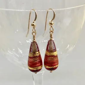 Earrings with cranberry, red and gold Murano glass short pear drops on silver or gold