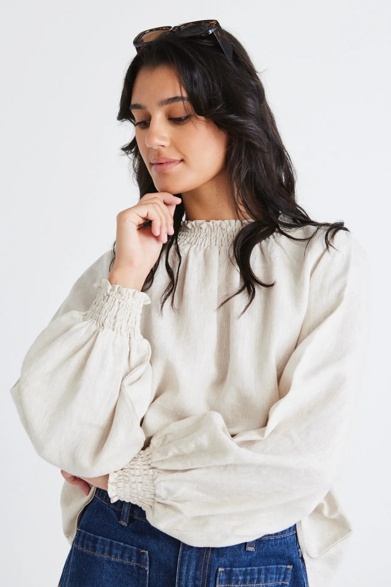 Embrace Natural Linen Shirred Neck LS Top