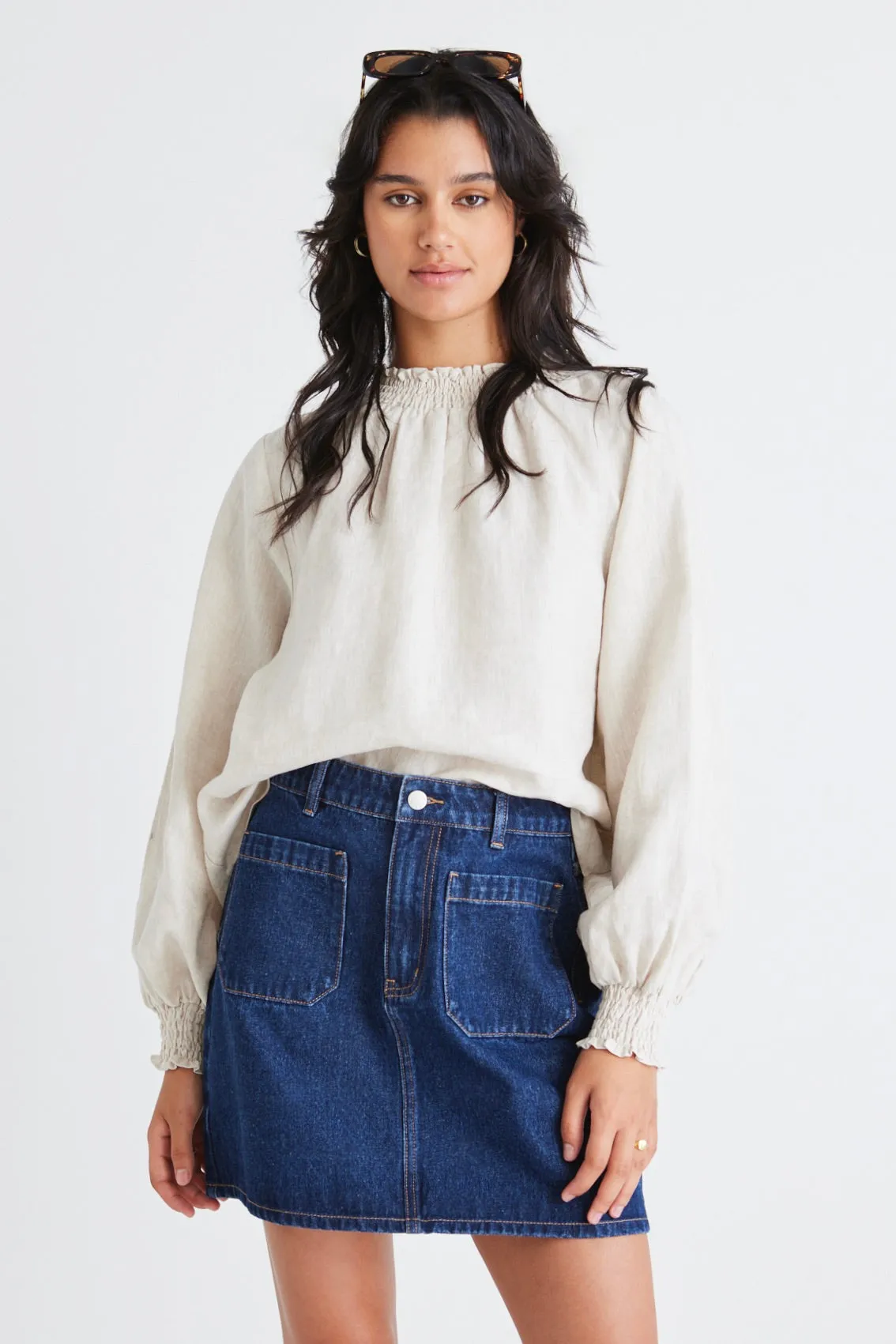 Embrace Natural Linen Shirred Neck LS Top