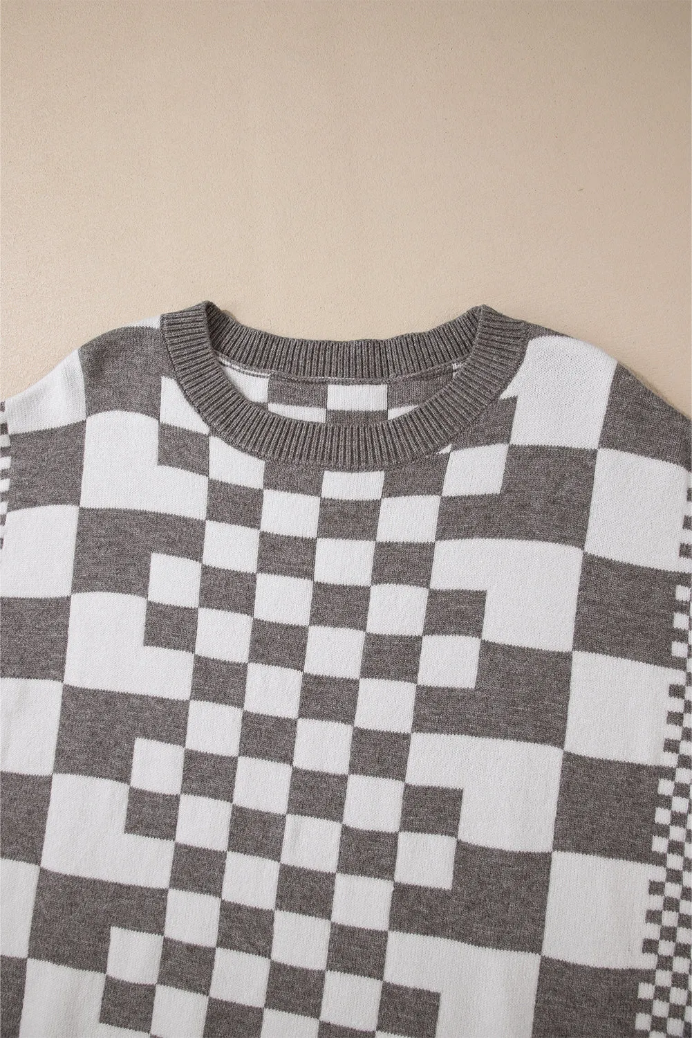 Khaki Checkered Print Drop Shoulder Round Neck Sweater