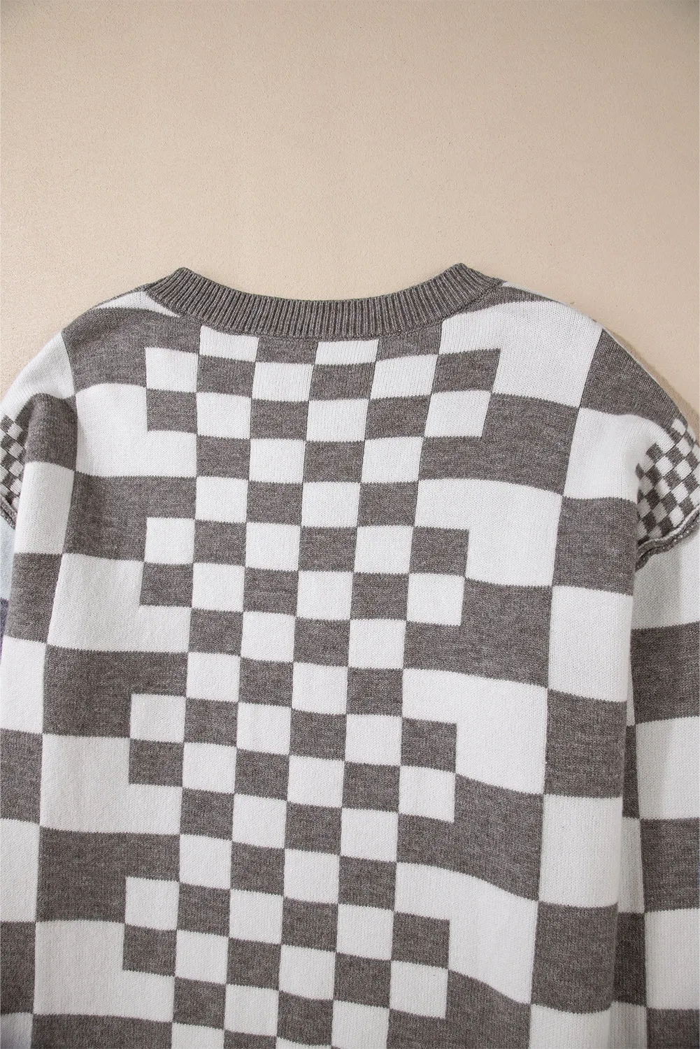 Khaki Checkered Print Drop Shoulder Round Neck Sweater