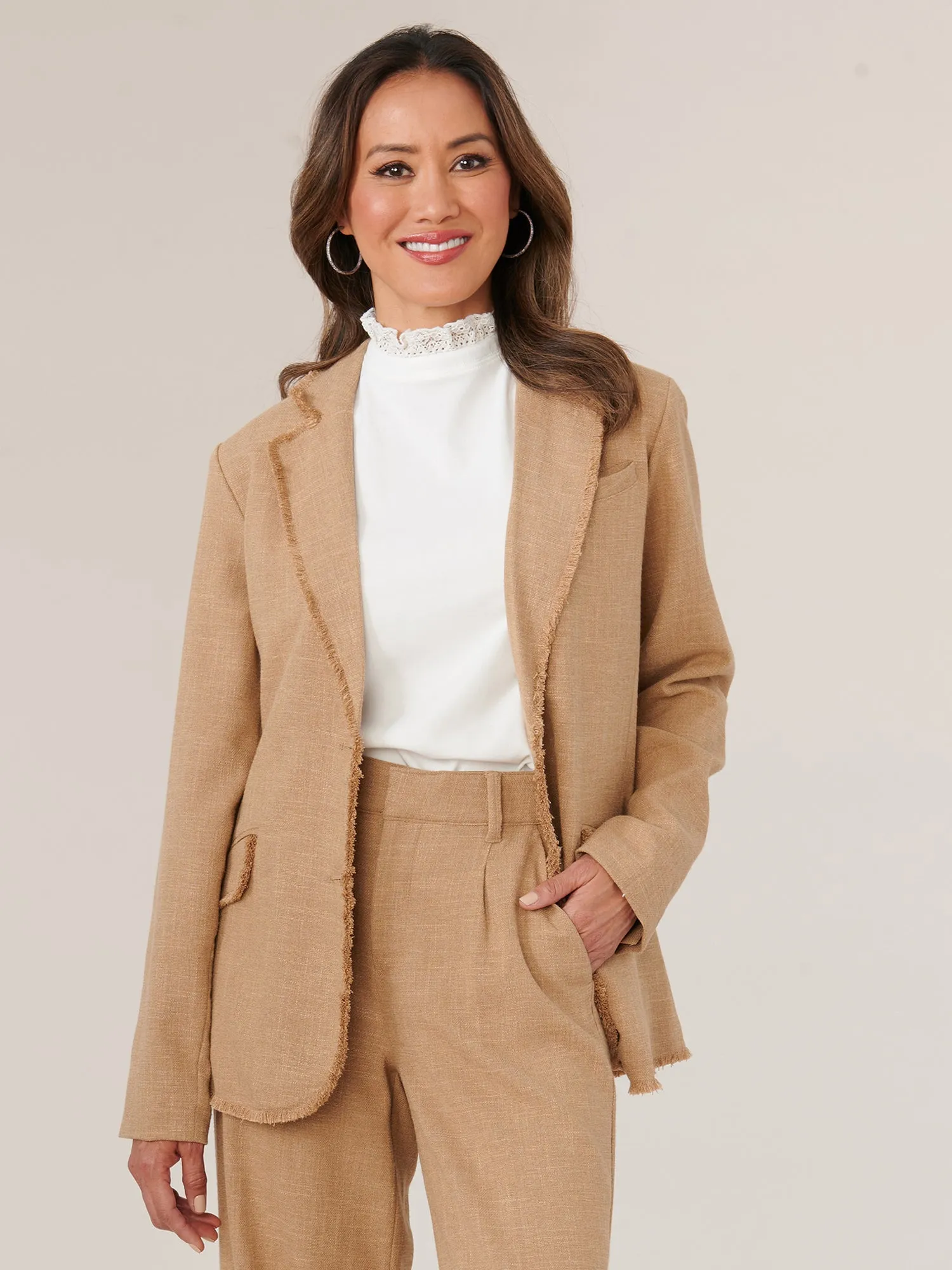 Long Sleeve Double Button Frayed Edge Blazer Jacket