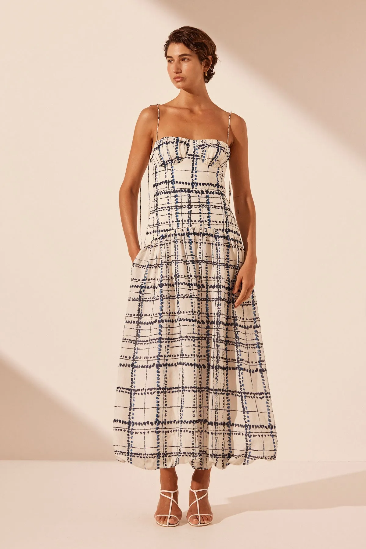 NIKO GATHERED BUBBLE MIDI DRESS