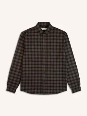 Raeburn Button Down Shirt In Charcoal / Khaki Check Cotton / Linen Blend